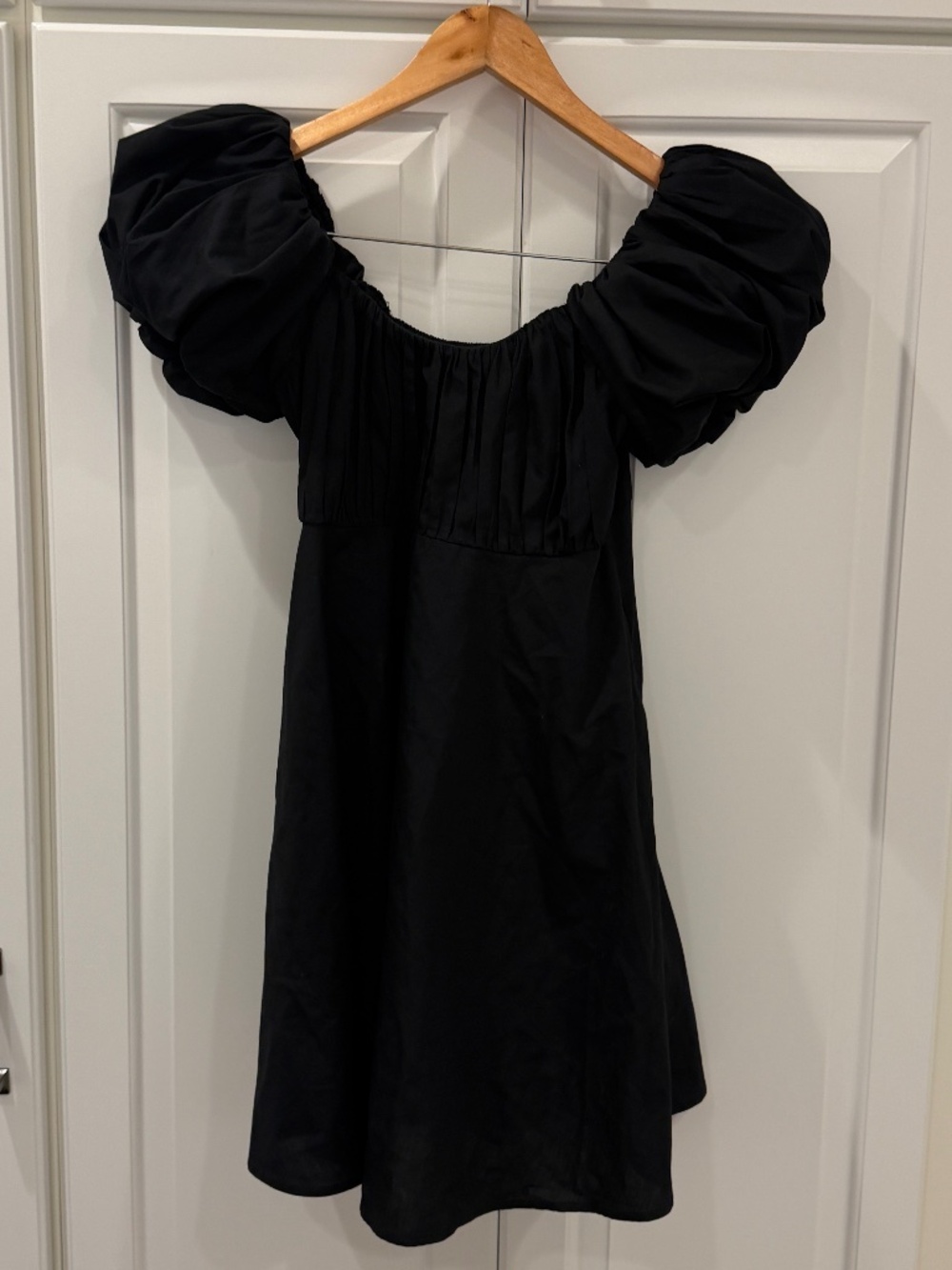Black Ruched Puff Sleeve Mini Dress - Size S